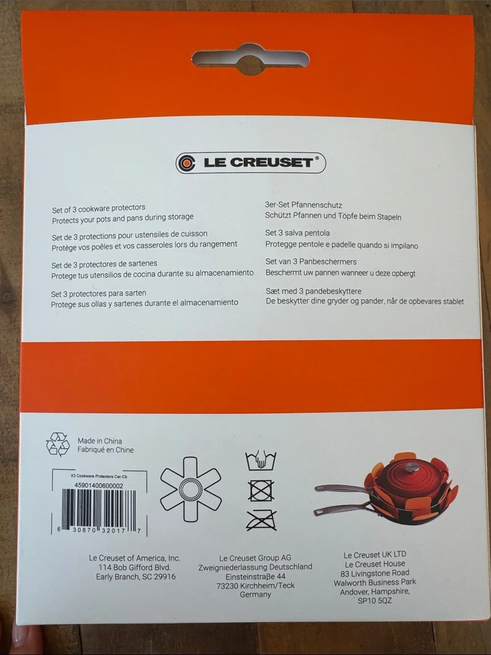 Le Creuset cleaning brush, three cookware protectors, 8 oz cleaner & protector